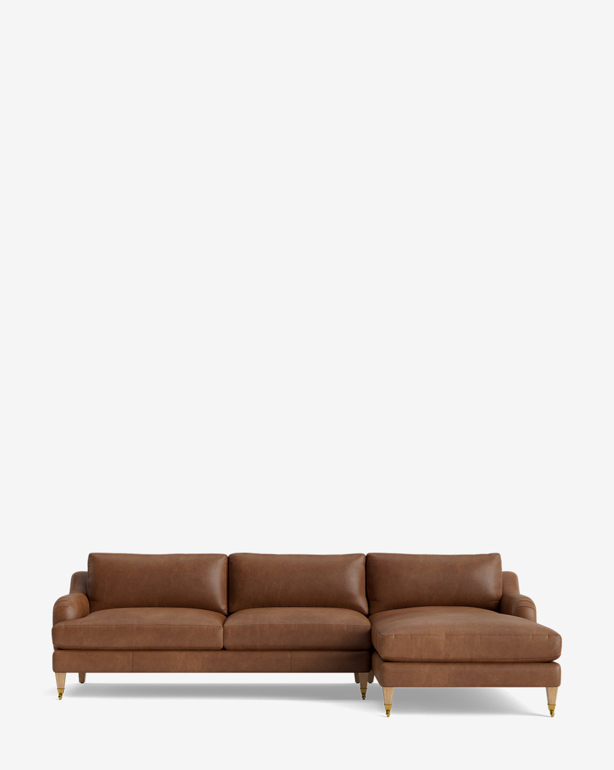 The Lucille English Roll Arm Right Chaise Sectional 107 features brown leather, three down-wrapped cushions, a right-side customizable chaise lounge, rounded armrests, and short gold-tipped legs, set against a plain white background, by McGee & Co.