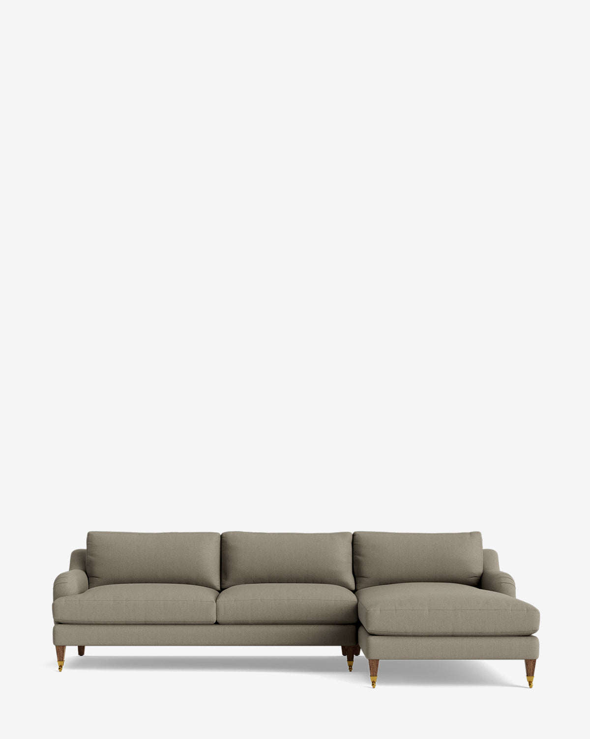 The Lucille English Roll Arm Right Chaise Sectional 107 is a modern light gray chaise sectional with three seat and back cushions, a right-facing lounge, slim wooden legs with brass tips, and down wrapped cushions, by McGee & Co. Shown on a plain white background.