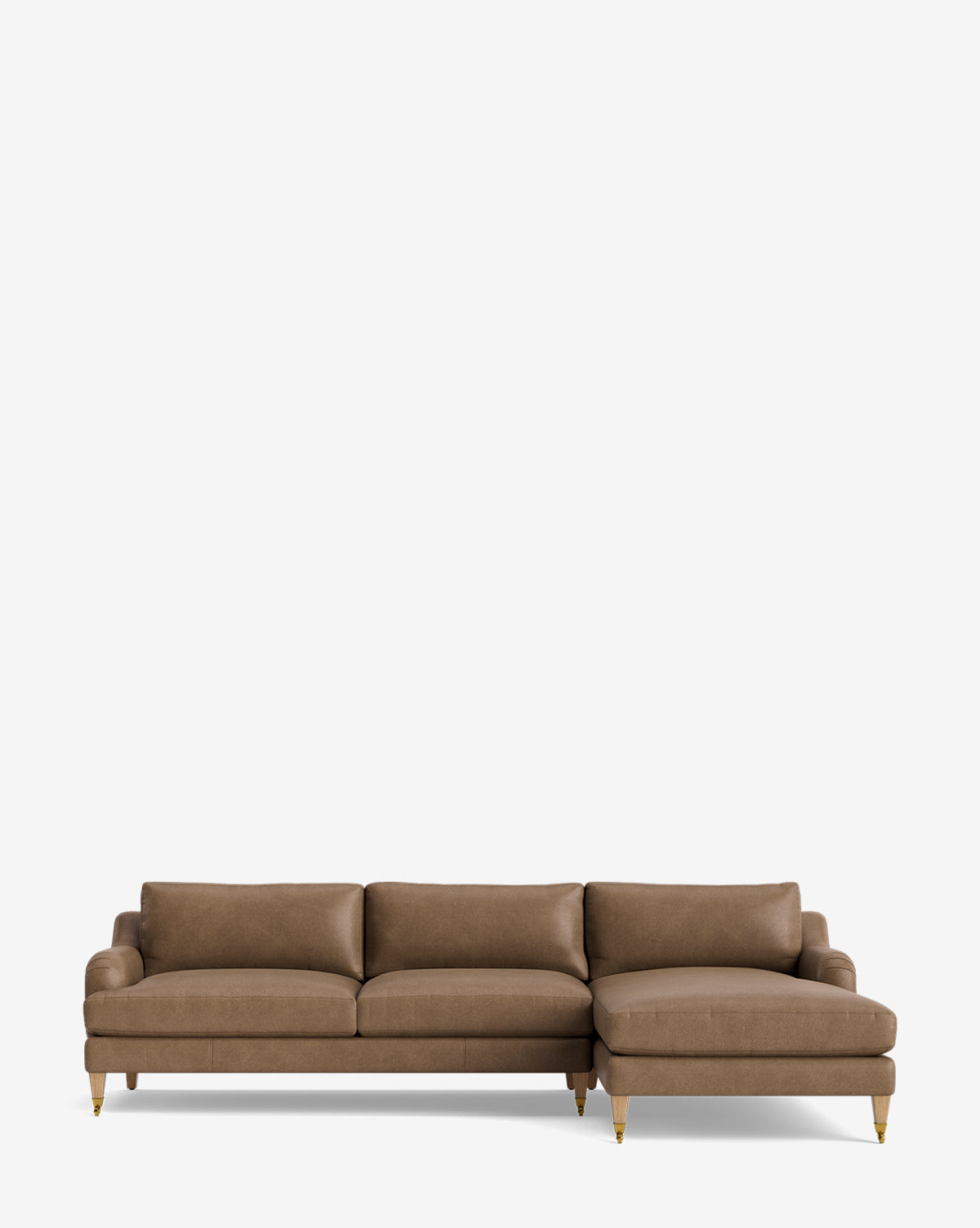 The Lucille English Roll Arm Right Chaise Sectional 107 in brown, with down-wrapped cushions, wooden legs, and brass casters, is shown against a plain white background by McGee & Co.