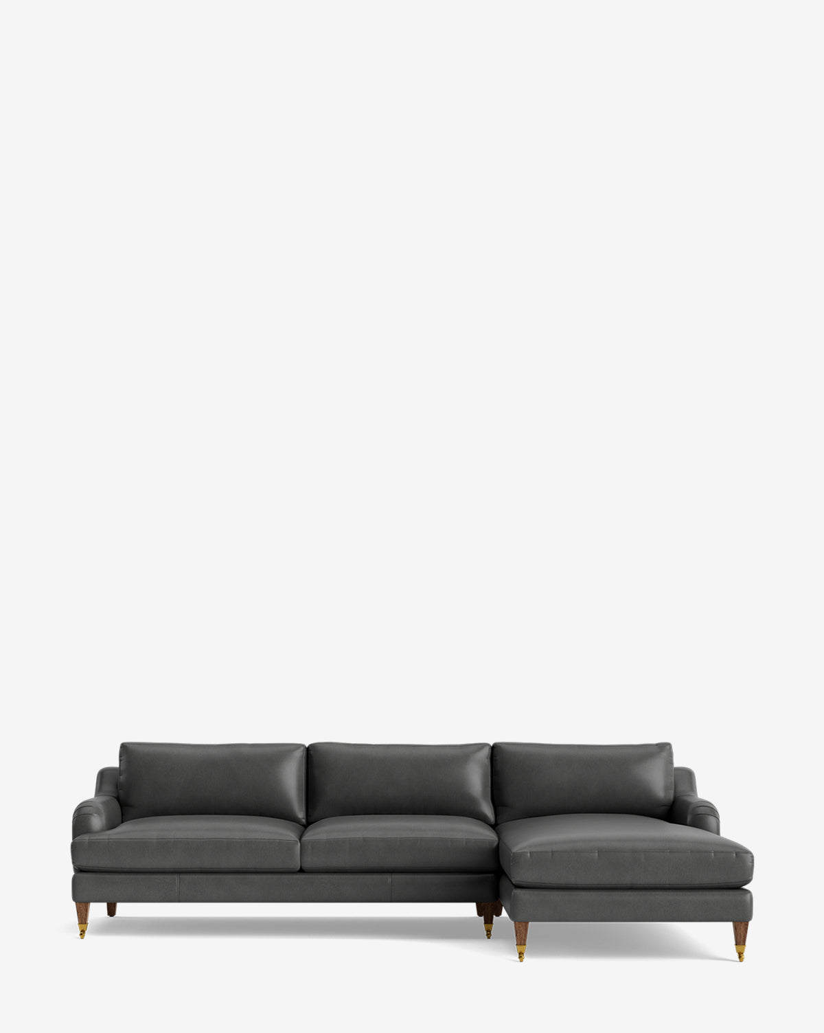 Lucille English Roll Arm Right Chaise Sectional 107 in dark gray features three seat cushions, a right-side chaise lounge, down-wrapped cushions, and short wooden legs with gold feet, shown against a plain white background by McGee & Co.