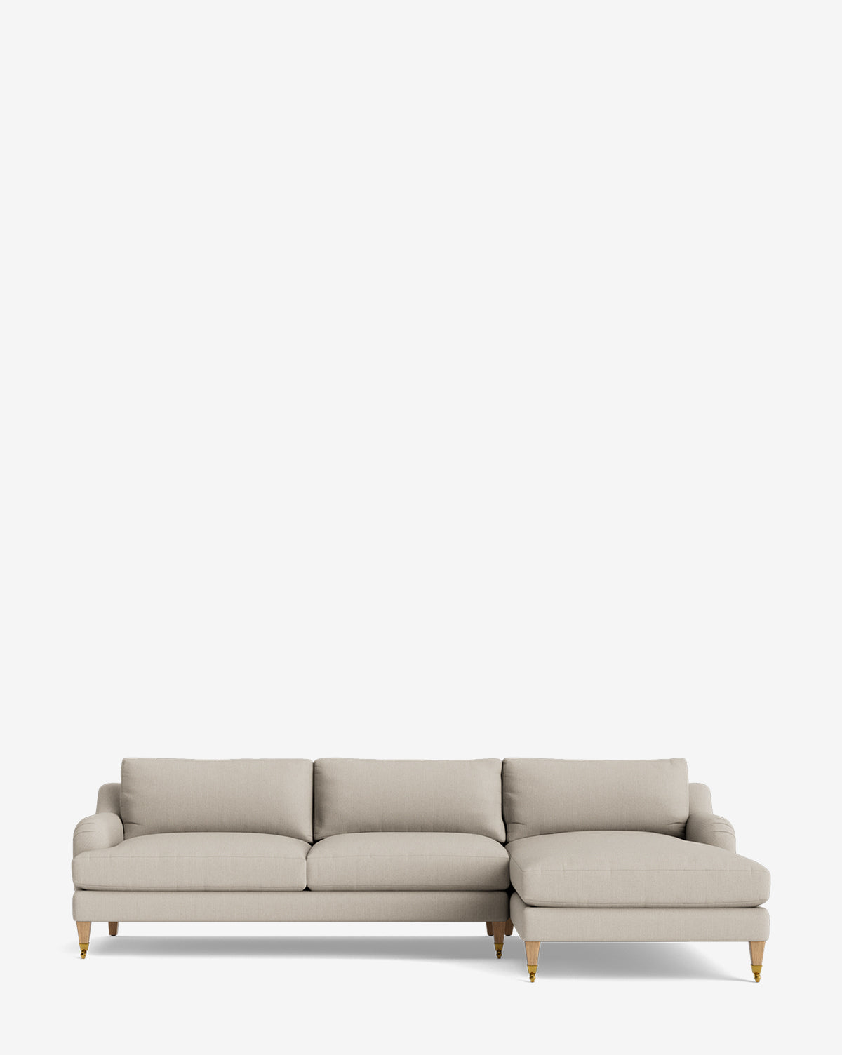 The Lucille English Roll Arm Right Chaise Sectional 107 is a light beige, customizable piece with three down-wrapped cushions, a right-facing chaise, and wooden legs with brass caps, shown against a plain white background by McGee & Co.