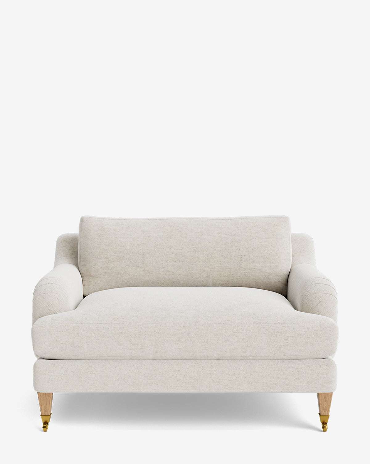 A front view of the Lucille English Roll Arm Chair and a Half, featuring off-white upholstery, wooden legs with brass casters, a plush down-wrapped seat cushion, and a single back cushion in English roll arm style by McGee & Co.