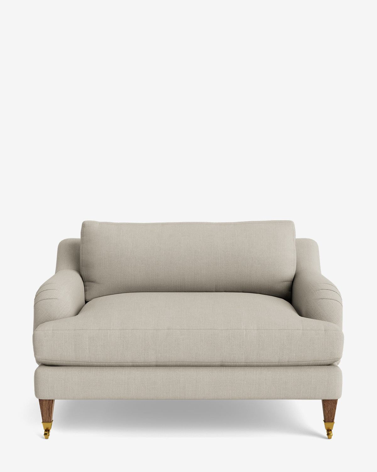 The Lucille English Roll Arm Chair and a Half features beige upholstery, rolled arms, down-wrapped cushions, wooden legs, and brass front casters, shown against a plain white background by McGee & Co.