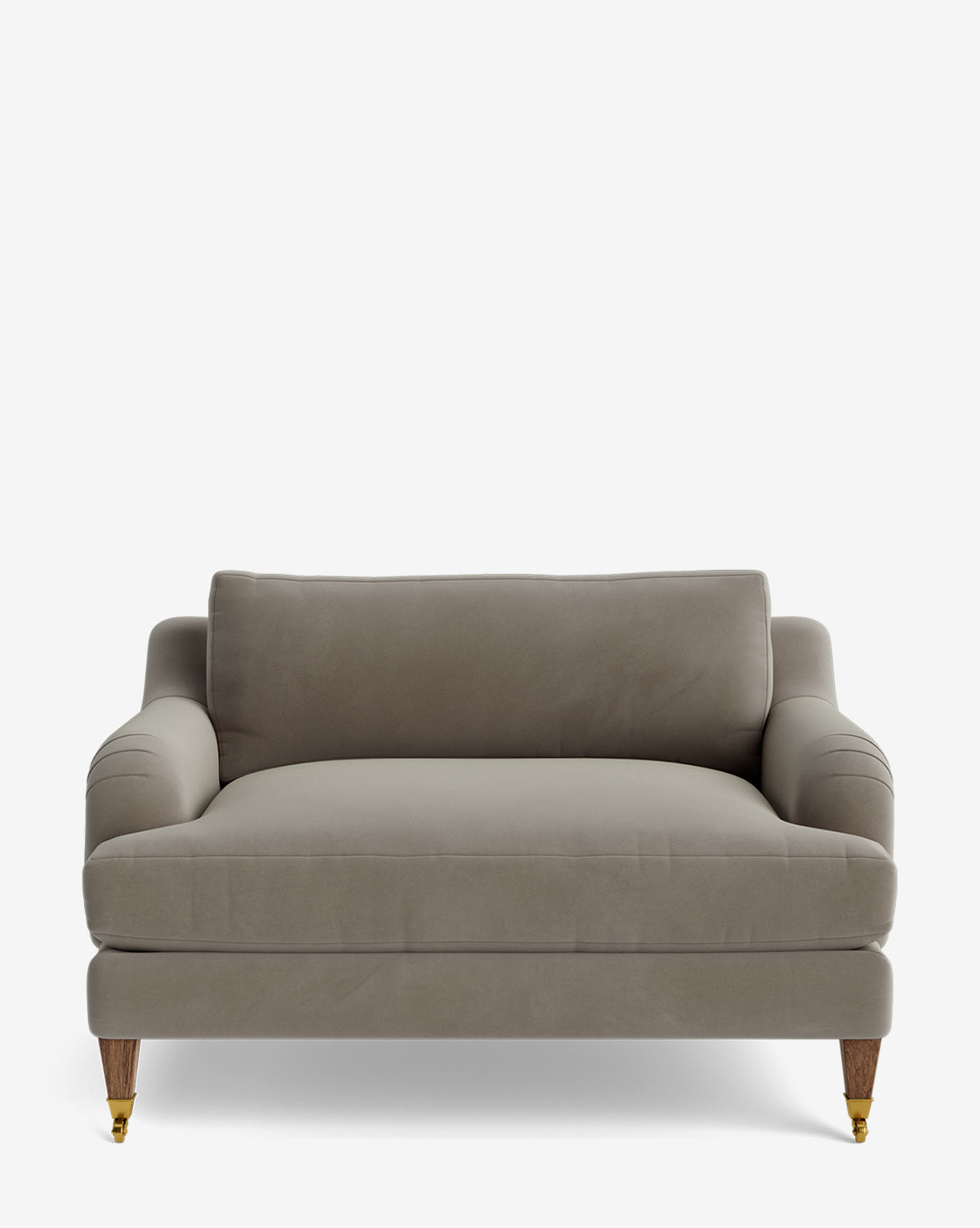 The Lucille English Roll Arm Chair and a Half features plush, light gray upholstery, rolled arms, a down-wrapped seat cushion, matching back cushion, and wooden legs with gold castors, shown against a white background by McGee & Co.