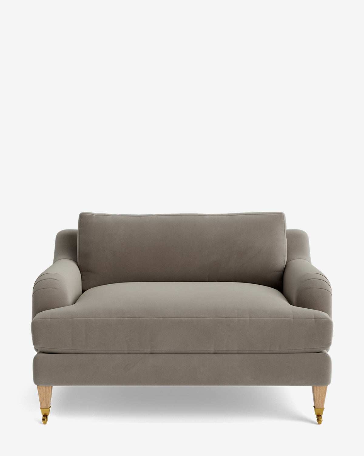 The Lucille English Roll Arm Chair and a Half features modern grey upholstery, plush down-wrapped cushions, wooden legs, and gold caster wheels, shown against a plain white background by McGee & Co.