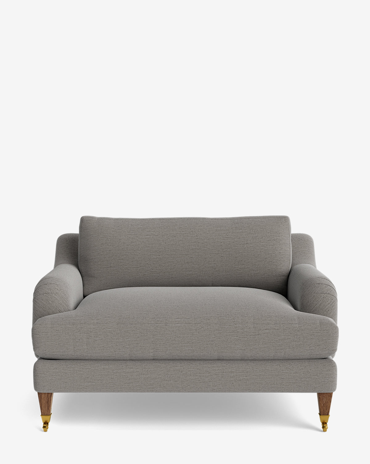 The Lucille English Roll Arm Chair and a Half is a modern, light gray loveseat with rounded arms, plush down-wrapped seat and back cushions, wooden legs, and small brass wheels on the front two legs, by McGee & Co.