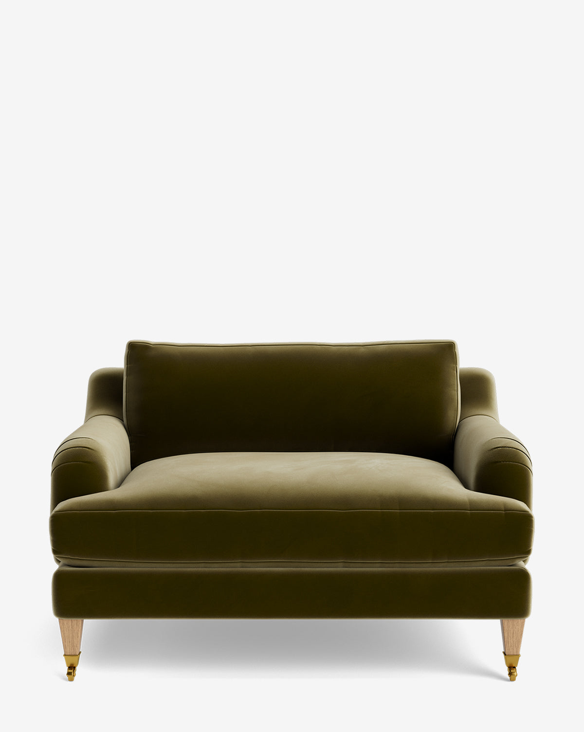 The Lucille English Roll Arm Chair and a Half features plush olive green upholstery, a deep down-wrapped cushion, and wooden legs with brass casters. Customizable and elegant, it offers timeless comfort for any space, shown here against a plain white background by McGee & Co.