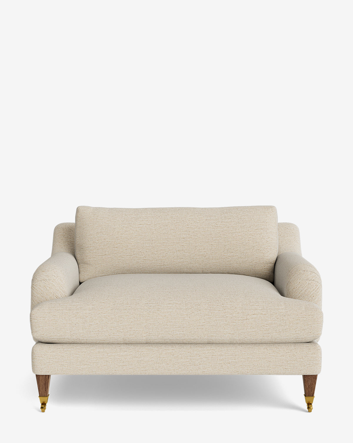 The Lucille English Roll Arm Chair and a Half features beige upholstery, classic English roll arm styling, a down-wrapped cushion, wooden legs, and small brass caster wheels on the front legs, shown against a white background by McGee & Co.