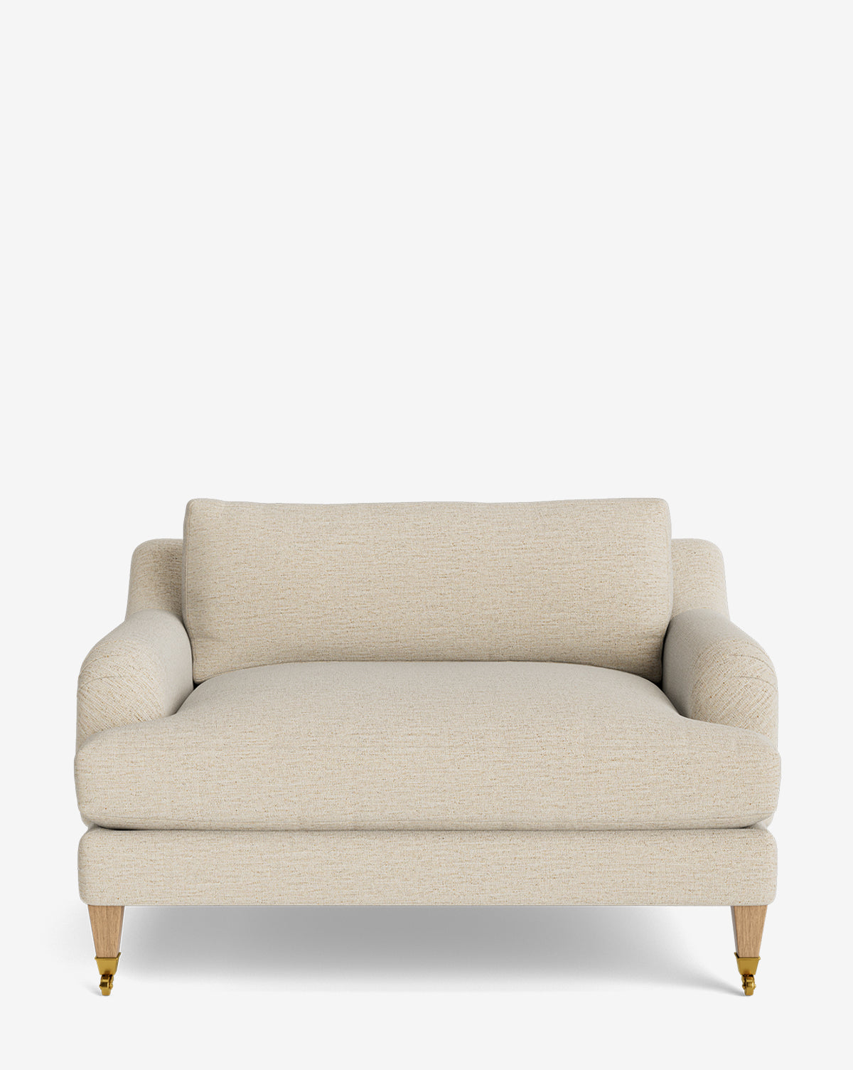 The Lucille English Roll Arm Chair and a Half features a cream finish, English roll arms, plush down-wrapped cushion, wooden legs with brass front casters, and is shown against a plain white background by McGee & Co.