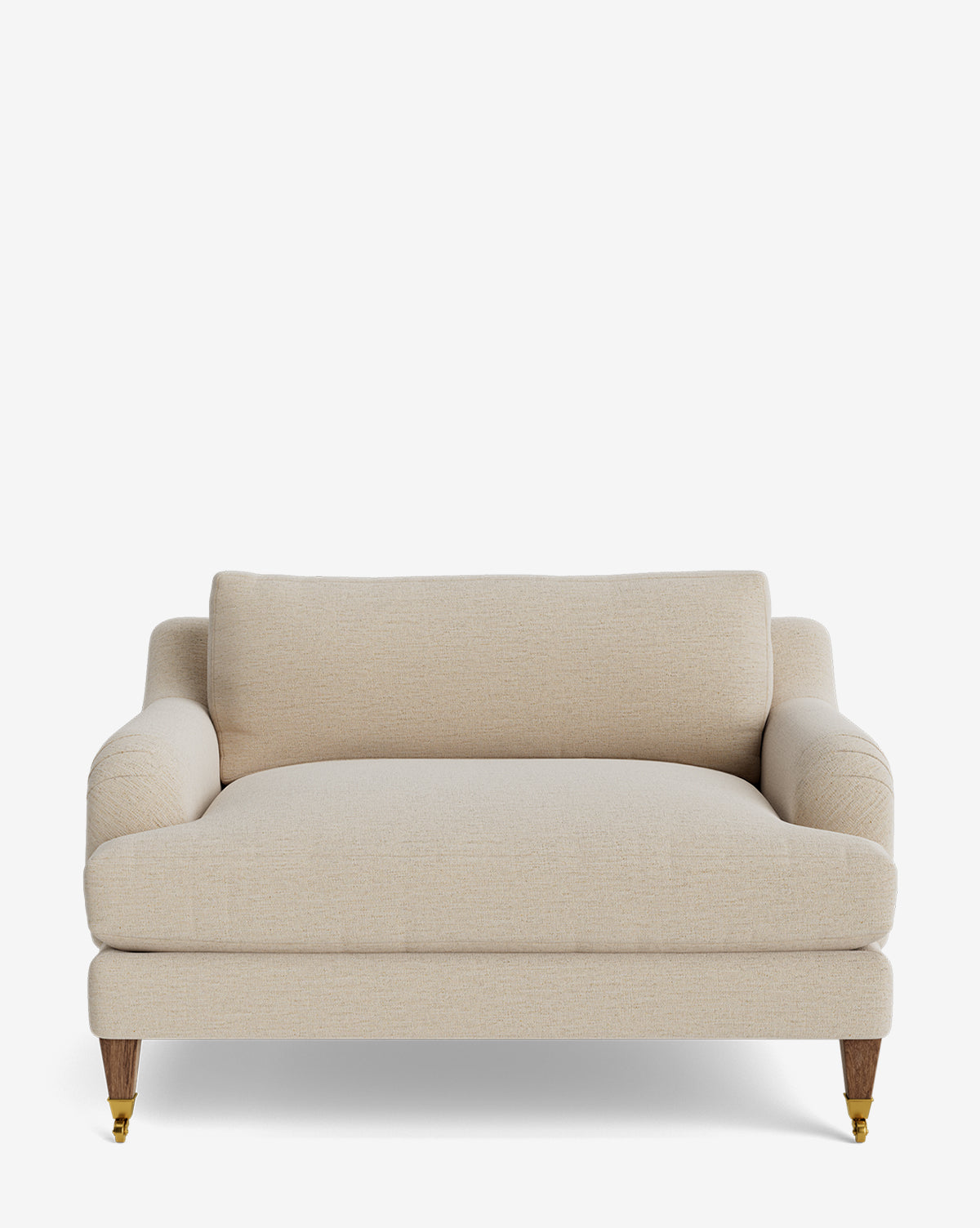 The Lucille English Roll Arm Chair and a Half features a modern, wide beige design with plush down-wrapped cushions, rounded armrests inspired by the classic English Roll Arm style, and wooden legs with brass castor wheels, by McGee & Co.