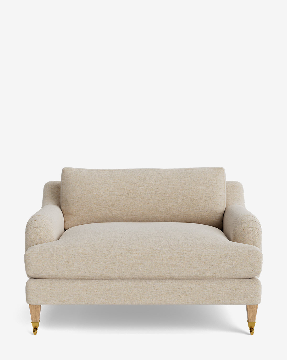 The Lucille English Roll Arm Chair and a Half features beige upholstery, plush down-wrapped cushion back, English roll arms, and wooden legs with metal casters, shown against a plain white background by McGee & Co.