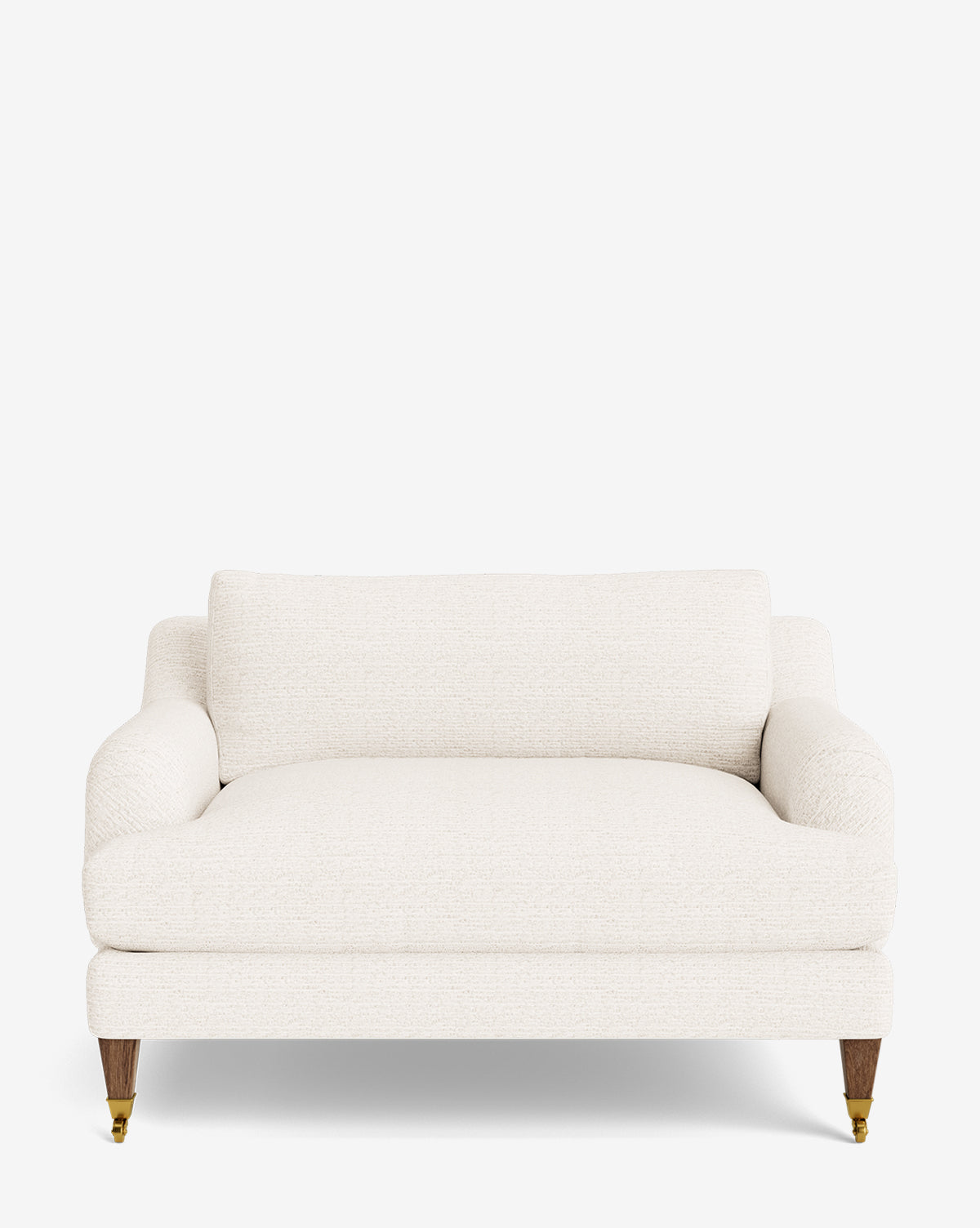 The Lucille English Roll Arm Chair and a Half features a cream upholstered design, rounded arms inspired by English Roll Arm style, plush down-wrapped cushion, and wooden legs with brass caster wheels on the front, shown against a white background by McGee & Co.