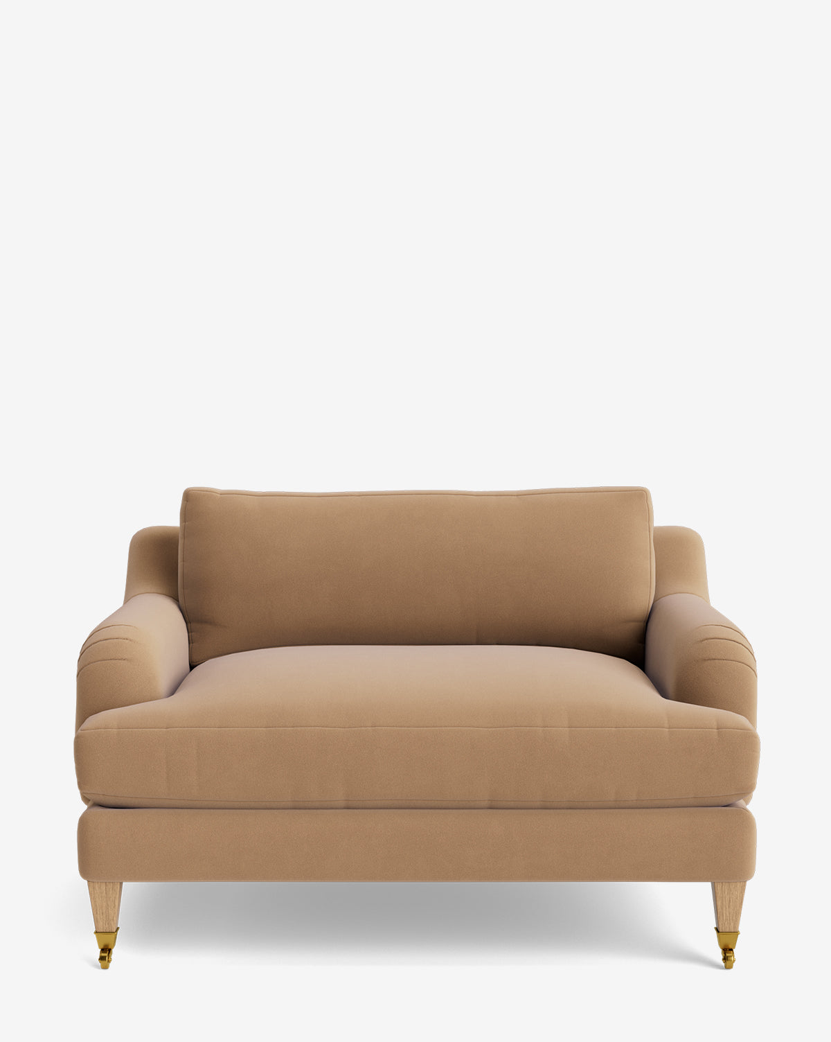 The Lucille English Roll Arm Chair and a Half features tan upholstery, rounded arms, a down-wrapped cushion, and four wooden legs—front legs with brass castor wheels—all shown against a plain white background, by McGee & Co.