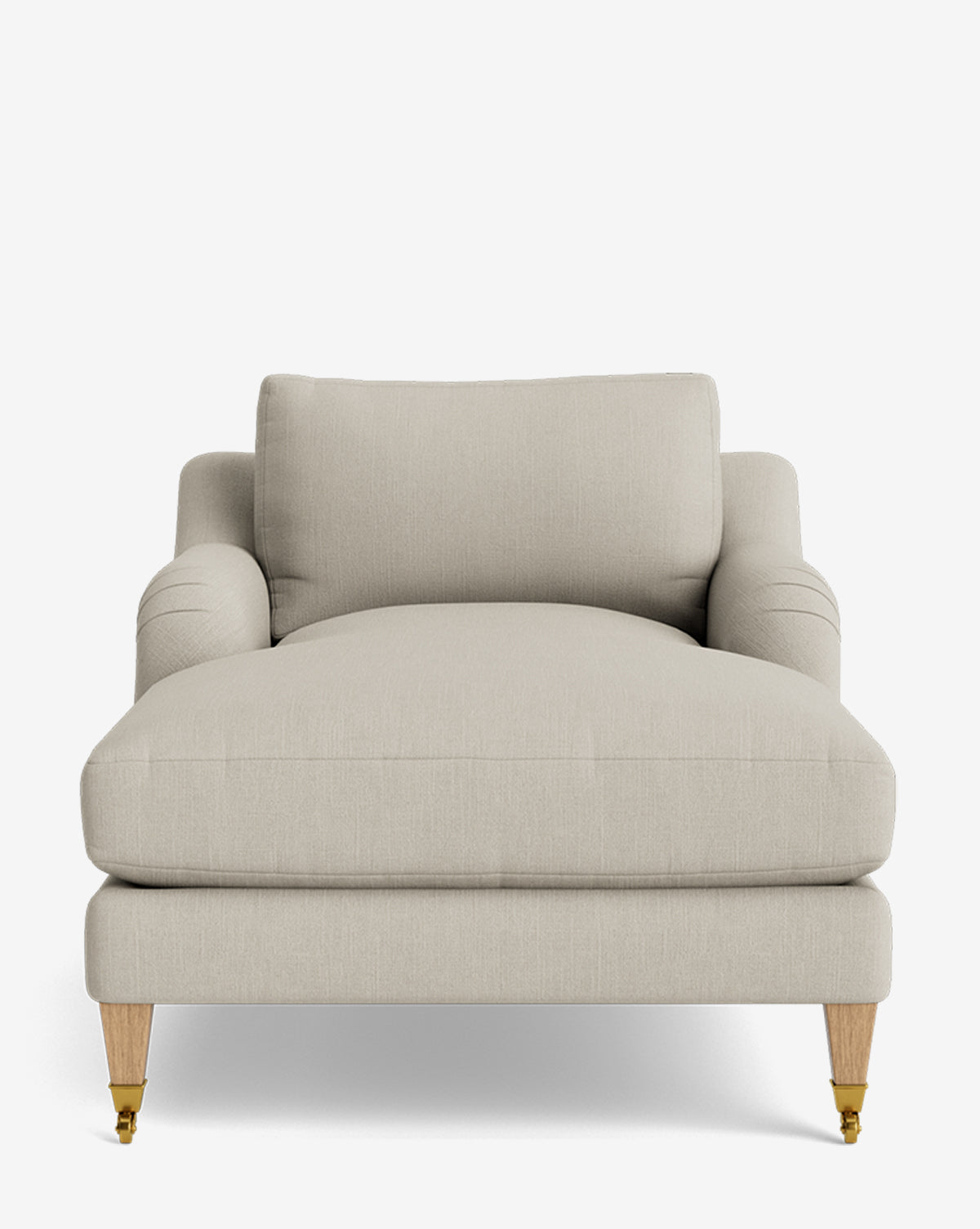 A front view of the Lucille English Roll Arm Lounge Chair in modern light beige, featuring wooden legs with gold caster wheels and plush down-wrapped cushions—an ideal customizable piece for any space, shown against a plain white background, by McGee & Co.
