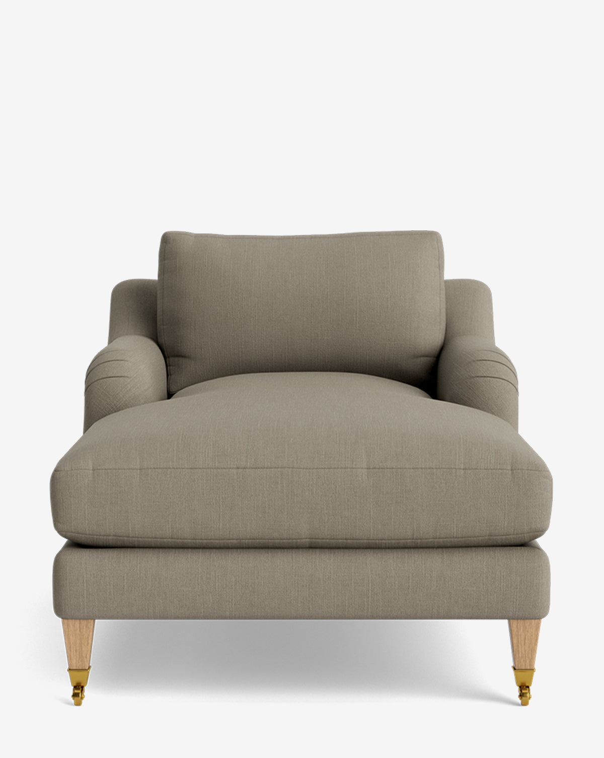 Front view of the Lucille English Roll Arm Chaise Lounge in light brown upholstery with wooden legs and brass casters, featuring a customizable design with a down-wrapped cushion, back cushion, and one armrest, by McGee & Co.