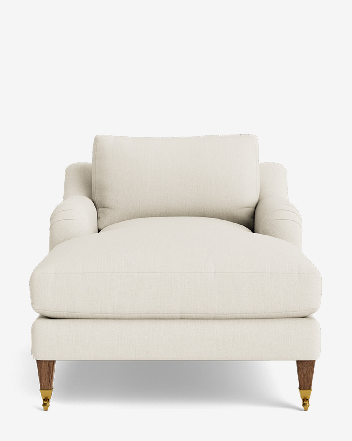 The Lucille English Roll Arm Chaise Lounge in cream, with wooden legs and brass casters and a plush down-wrapped cushion, is shown from the front against a plain white background by McGee & Co.