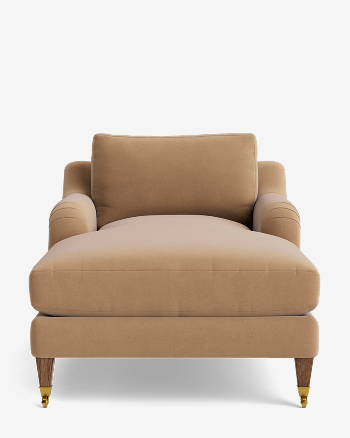 Front view of the Lucille English Roll Arm Lounge Chair in tan upholstery, featuring wooden legs with brass caster wheels, a plush down-wrapped cushion, armrests, and a matching back cushion against a white background, by McGee & Co.
