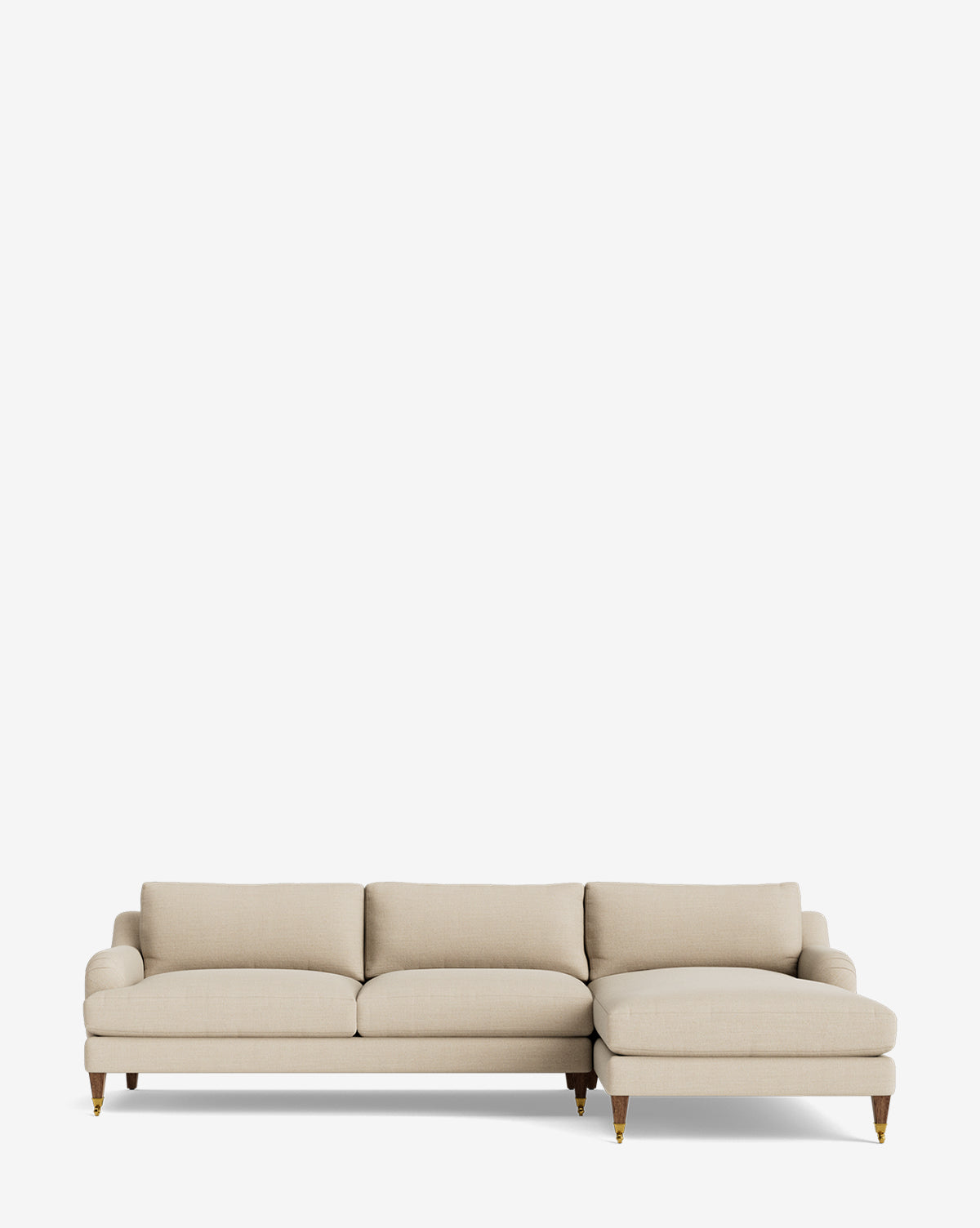 The Lucille English Roll Arm Right Chaise Sectional 107 in beige features wooden legs with front wheels, three down-wrapped cushions, and a customizable extended right chaise, set against a plain white background by McGee & Co.