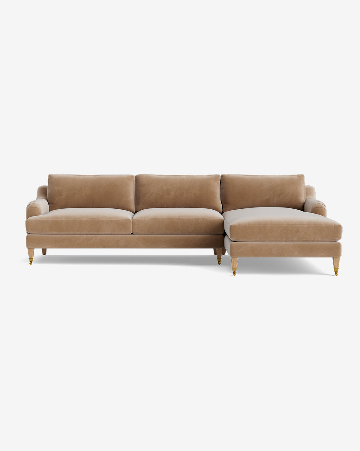 The Lucille English Roll Arm Right Chaise Sectional 107 features tan velvet upholstery, three down-wrapped cushions, a right-facing chaise lounge, and wooden legs with brass tips, displayed against a white background by McGee & Co.