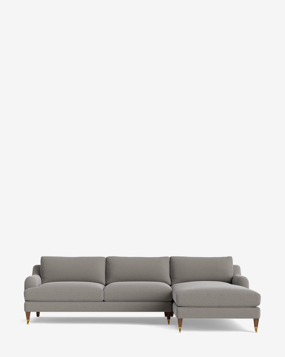 The Community Lucille English Roll Arm Right Chaise Sectional 107 is a modern gray customizable piece with three down-wrapped cushions, wooden legs, and brass casters, shown on a plain white background. McGee & Co.