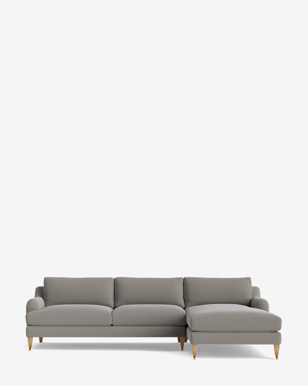 The Community Lucille English Roll Arm Right Chaise Sectional 107 is a modern gray customizable sofa with down-wrapped cushions, right-side chaise, and wooden legs, shown on a plain white background. McGee & Co.