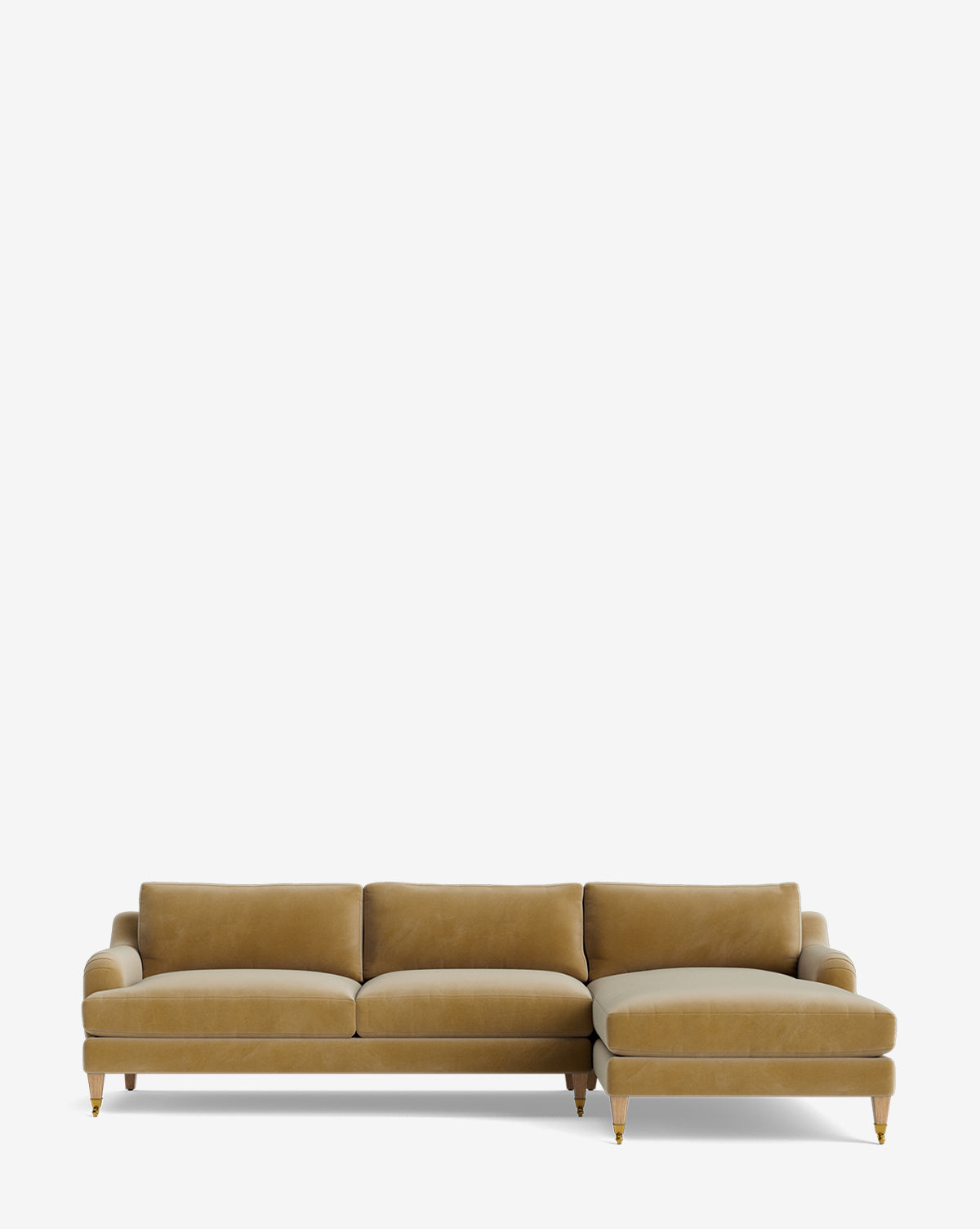 The Lucille English Roll Arm Right Chaise Sectional 107 is a modern mustard yellow sofa with three down-wrapped cushions, rounded armrests, wooden legs, and a customizable right-side chaise, shown against a plain white background, by McGee & Co.