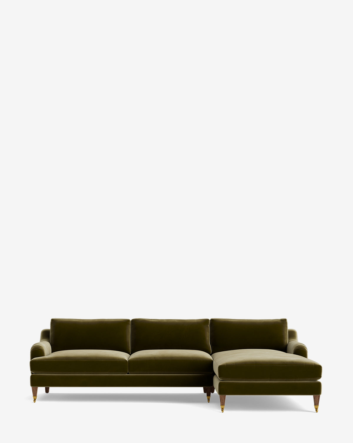 The Lucille English Roll Arm Right Chaise Sectional 107 features olive green velvet, three down-wrapped cushions, a right-side customizable chaise, and short wooden legs with gold casters, pictured against a plain white background by McGee & Co.