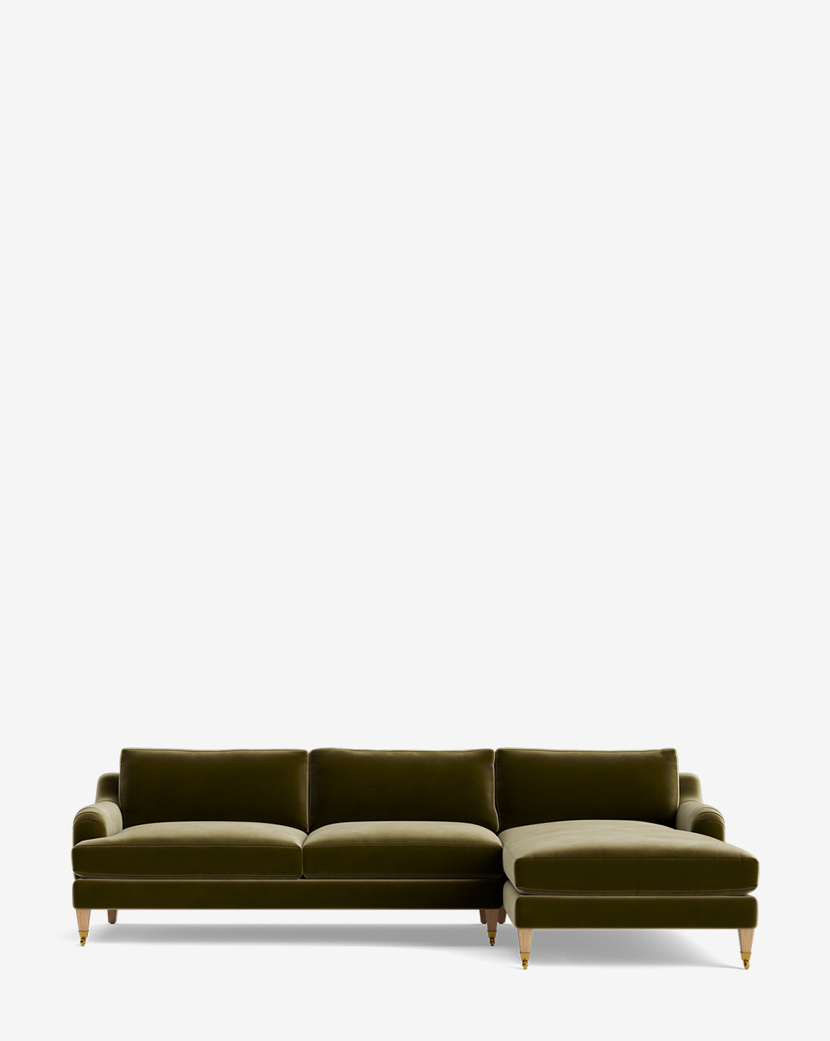The Lucille English Roll Arm Right Chaise Sectional 107 is a green velvet, three-seat customizable sectional with a right-facing chaise, down-wrapped cushions, rounded armrests, and slim wooden legs with brass tips, shown on a plain white background by McGee & Co.