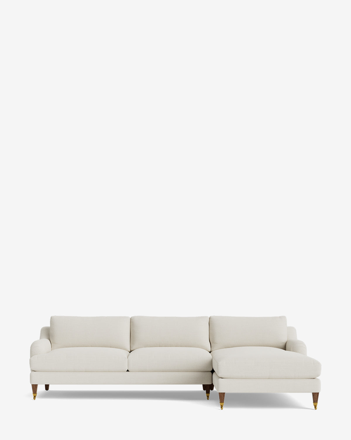 The Lucille English Roll Arm Right Chaise Sectional 107 is a modern, light beige sofa with three down-wrapped cushions, a right-side chaise, and wooden legs featuring brass caps, shown against a plain white background by McGee & Co.