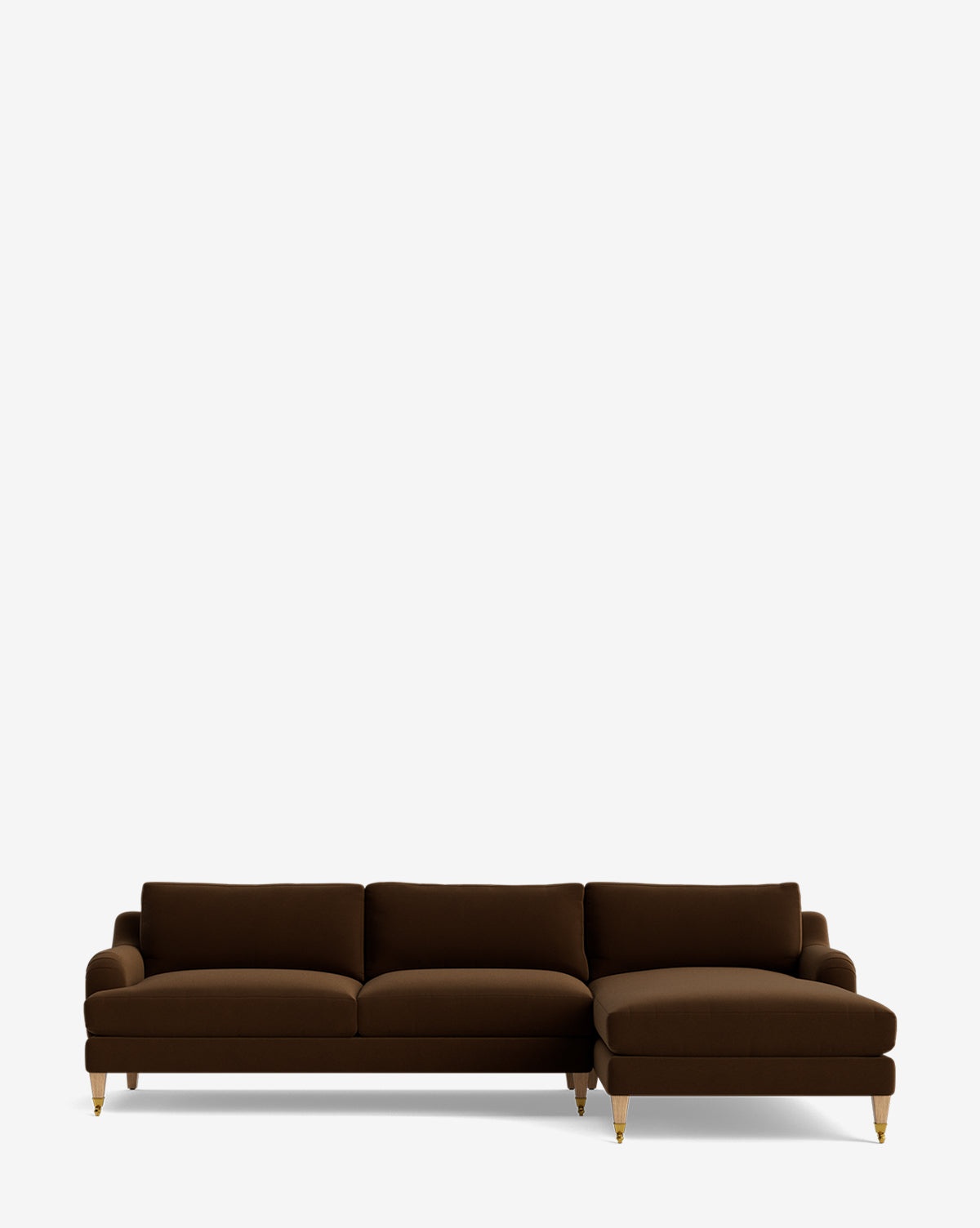 The Lucille English Roll Arm Right Chaise Sectional 107 features a dark brown finish, three down-wrapped cushions, a customizable right-side chaise lounge, and gold-tipped wooden legs, shown against a plain white background by McGee & Co.