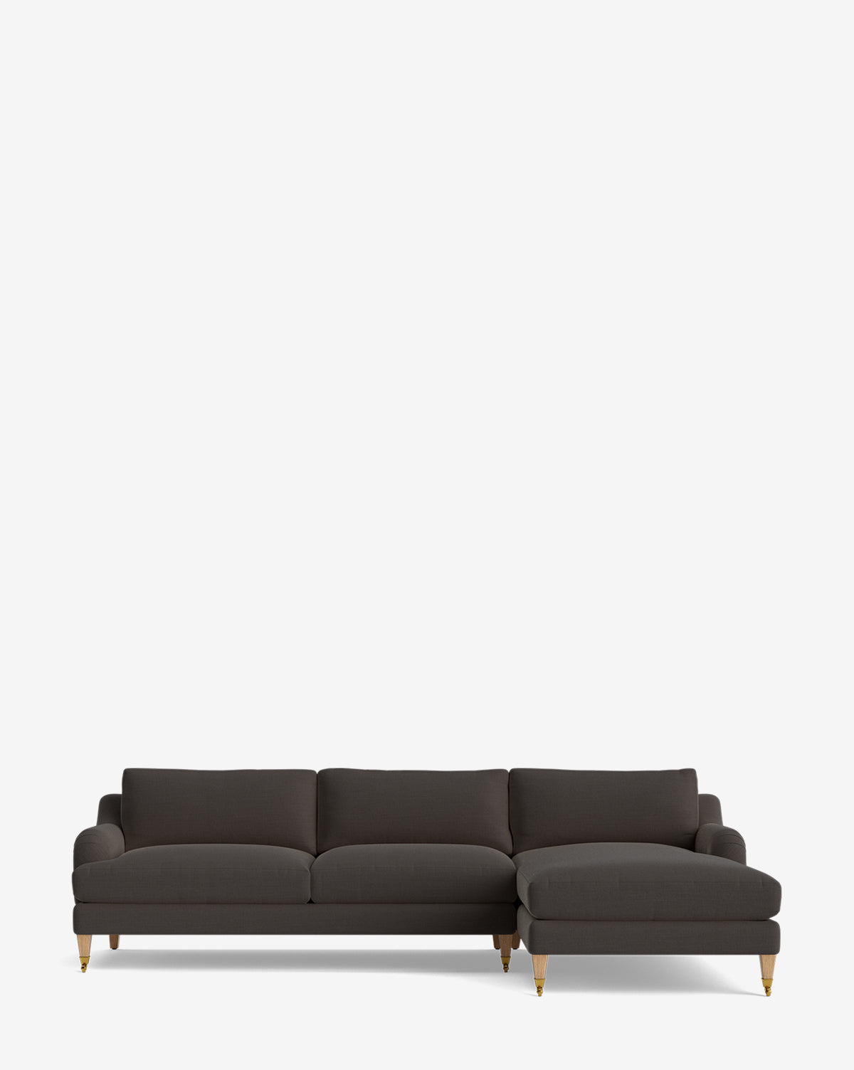 The Lucille English Roll Arm Right Chaise Sectional 107 by Community is a dark gray, customizable sofa with wooden legs, gold accents, and down-wrapped cushions, featuring a right-side chaise lounge against a white background. McGee & Co.