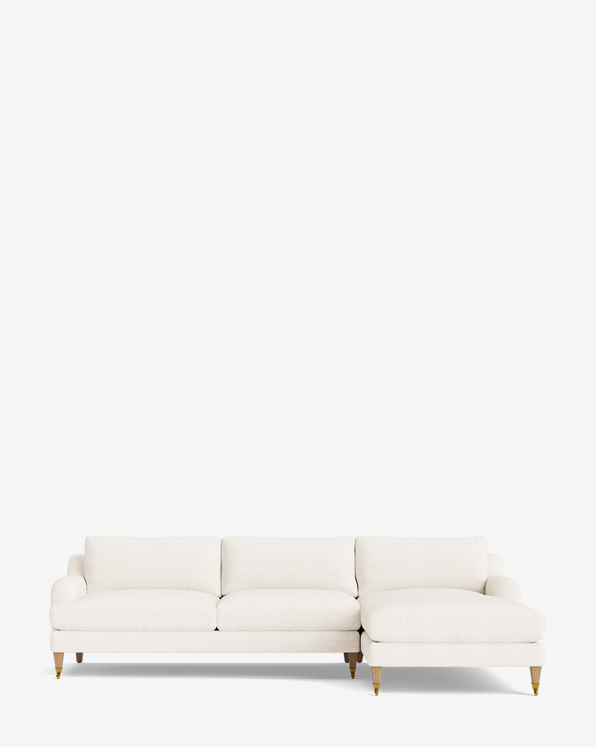 The Community Lucille English Roll Arm Right Chaise Sectional 107 is a modern white customizable sofa with down-wrapped cushions, three seat and back cushions, wooden legs, and a right-side chaise by McGee & Co.