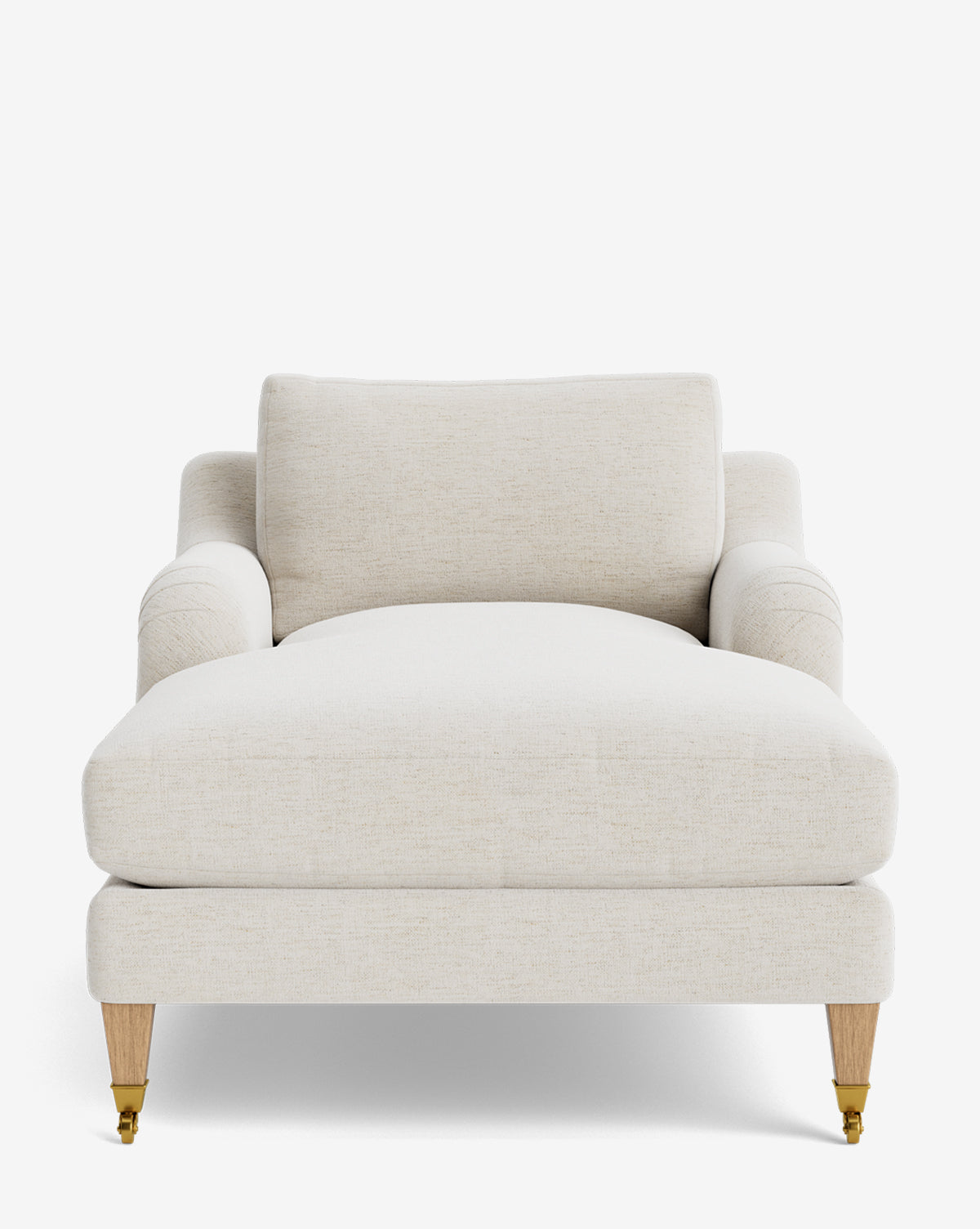 A front view of the Lucille English Roll Arm Chaise Lounge in cream, featuring wooden legs with brass caster wheels on the front and a plush down-wrapped cushion, set against a white background by McGee & Co.