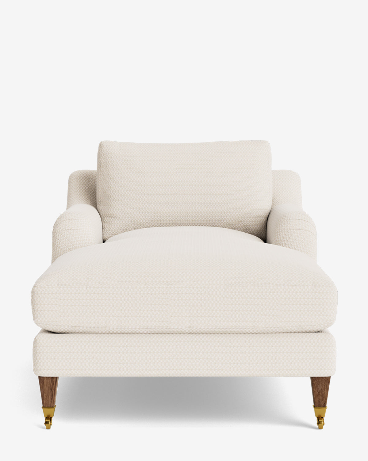 Front view of the Lucille English Roll Arm Lounge Chair, a modern cream-colored upholstered chaise with wooden legs, brass casters, wide down-wrapped cushion, backrest, and side armrests in classic English style, by McGee & Co.