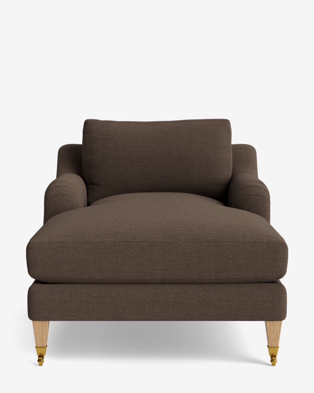 A front-facing view of the Lucille English Roll Arm Lounge Chair, a wide dark brown chaise with down-wrapped cushion, wooden legs (two with brass casters), plush backrest and armrests, shown against a white background by McGee & Co.
