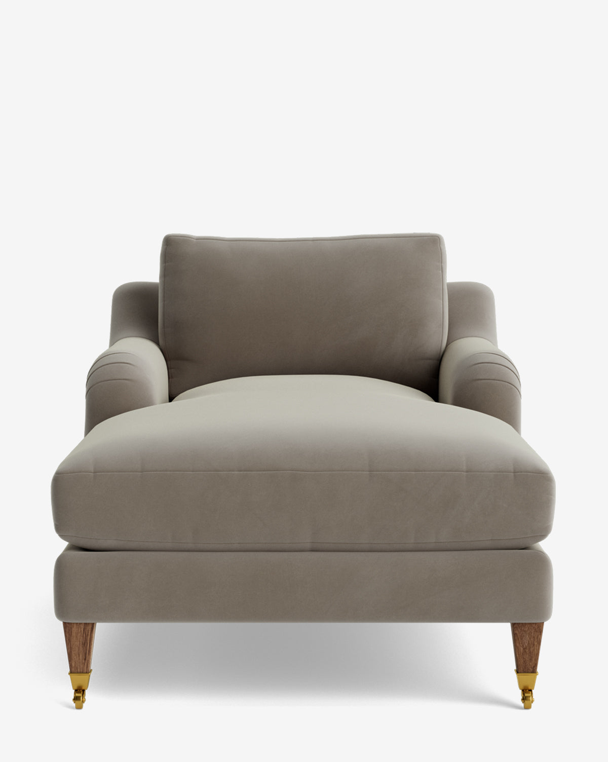 The Lucille English Roll Arm Chaise Lounge features gray upholstery, a wide down-wrapped seat cushion, matching backrest, and wooden legs with brass caster wheels, all displayed against a plain white background by McGee & Co.