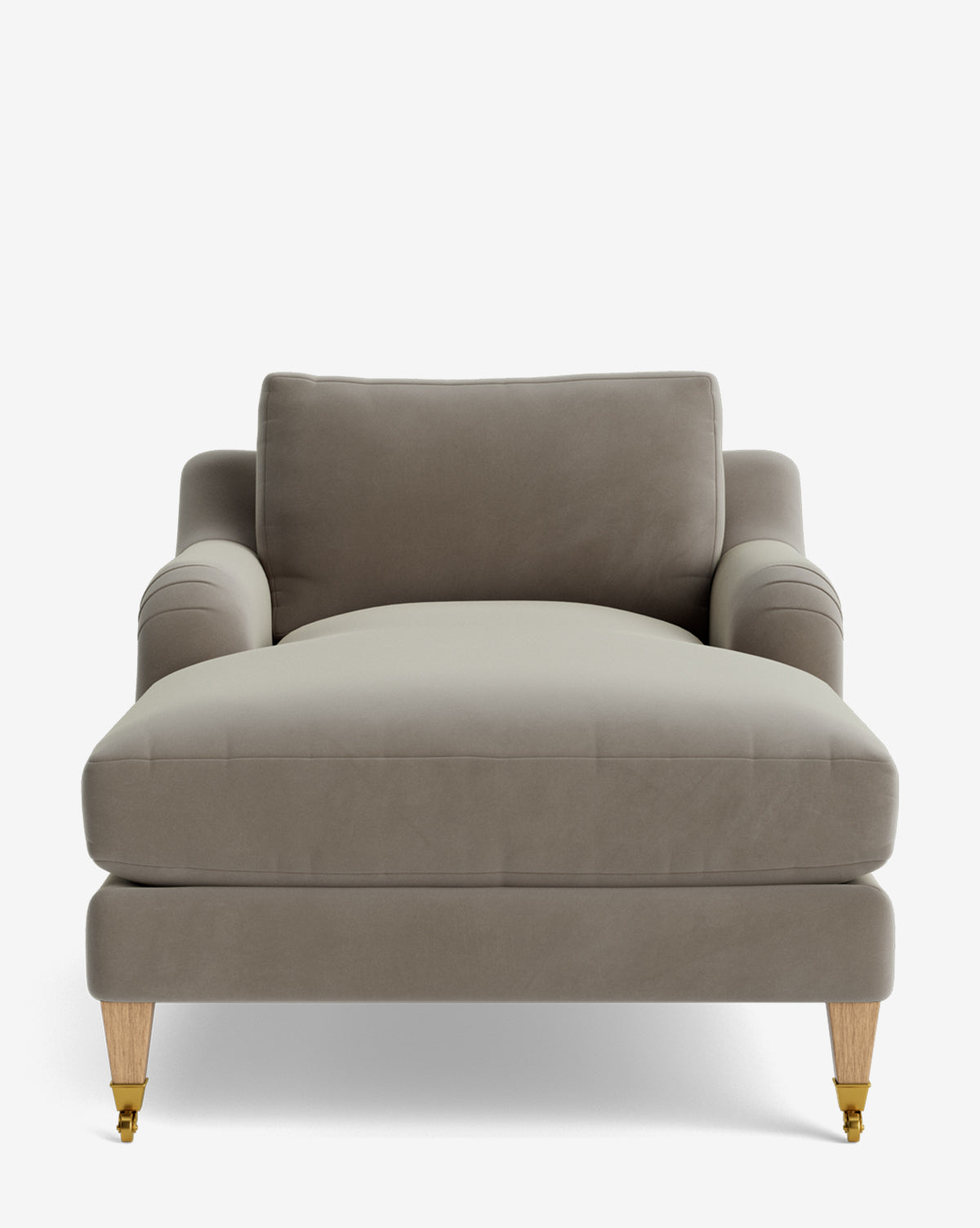 Front view of the Lucille English Roll Arm Chaise Lounge in light grey, featuring wooden legs with two brass castor wheels, a plush down-wrapped seat cushion, cushioned backrest, and rounded armrests. Customizable design by McGee & Co.