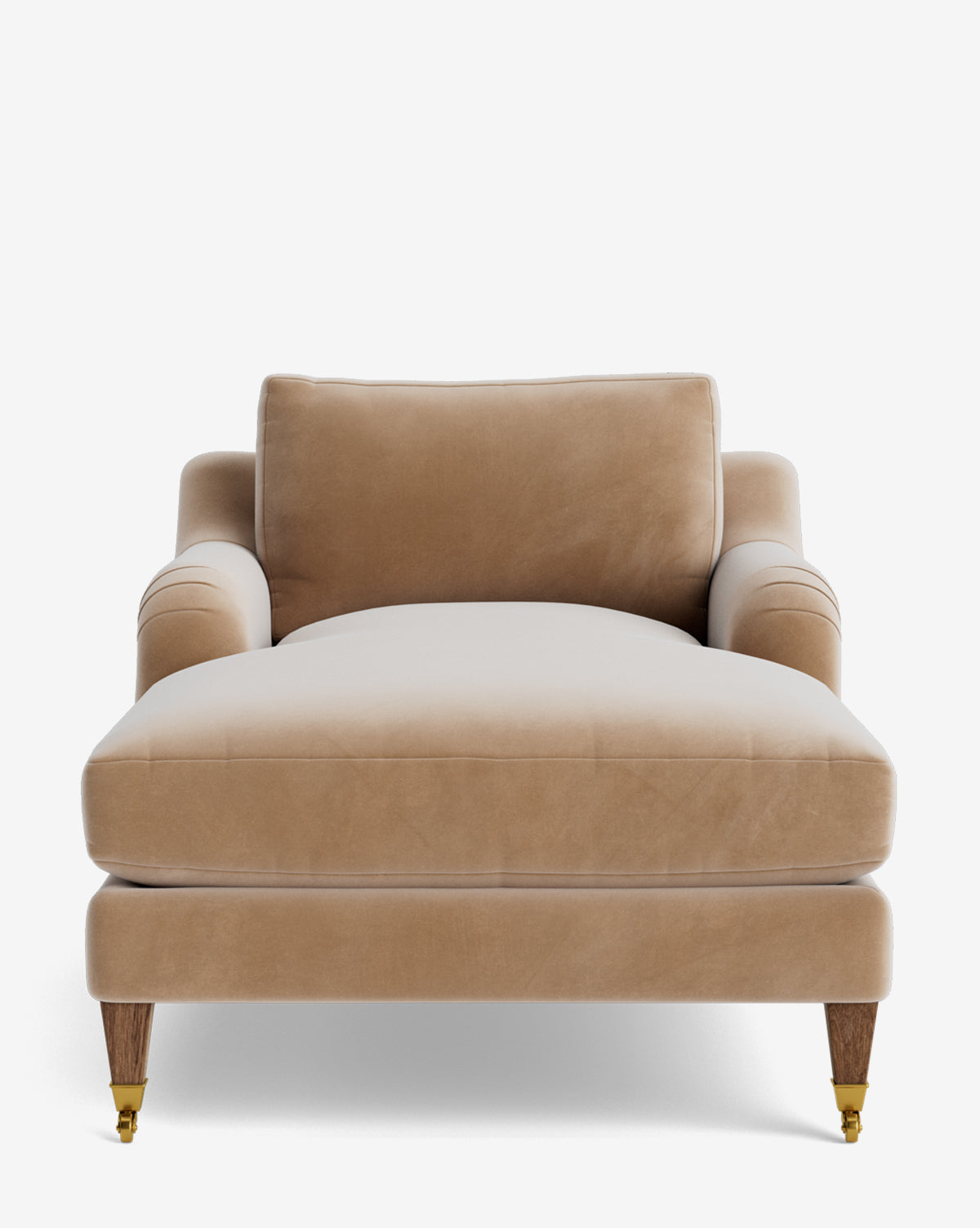 The Lucille English Roll Arm Lounge Chair in beige velvet features wooden legs with gold caster wheels and a plush down-wrapped cushion, shown from the front against a plain white background by McGee & Co.