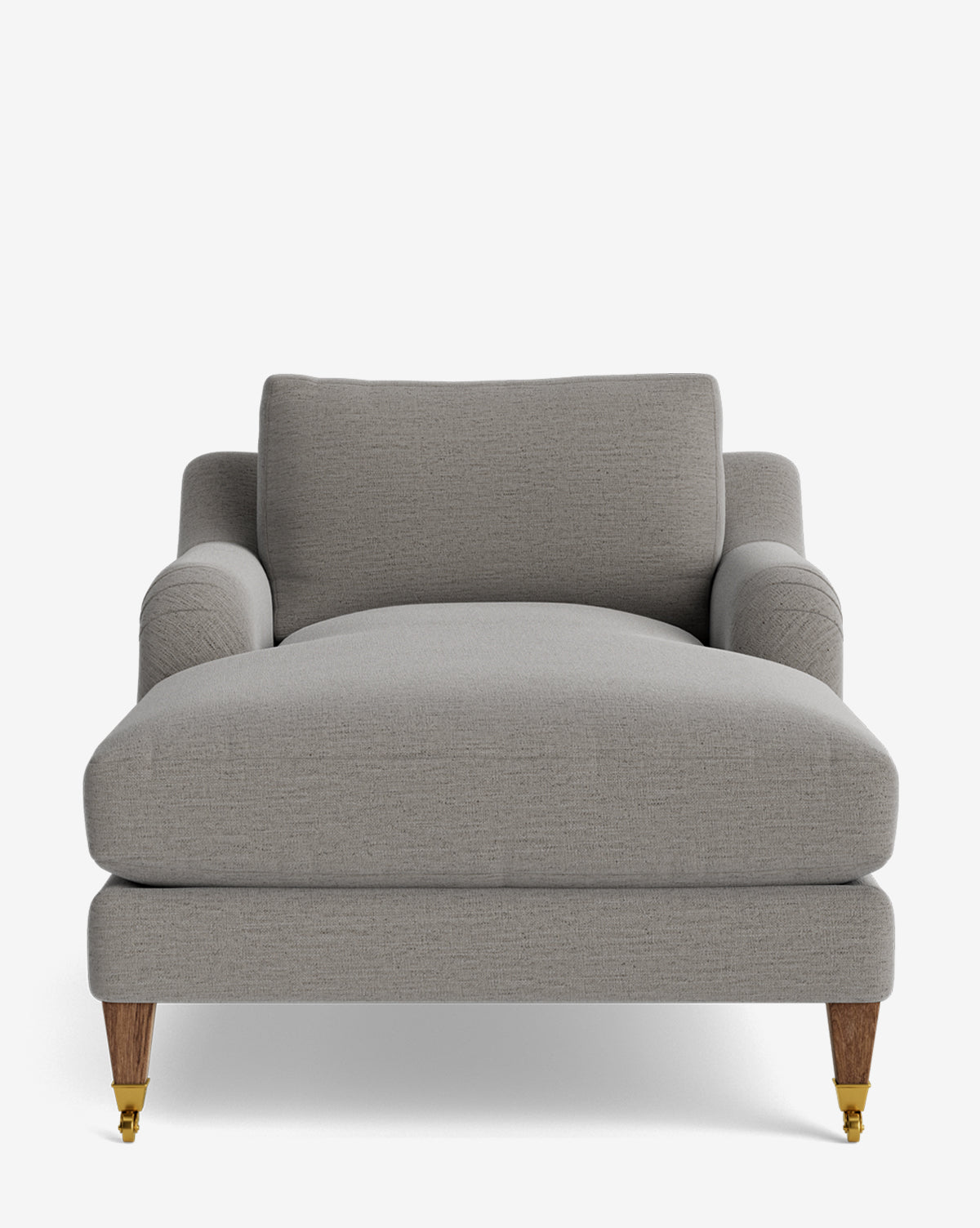 Front view of the Lucille English Roll Arm Lounge Chair in light gray upholstery, featuring angled wooden legs with brass casters on the front and a plush down-wrapped cushion, set against a plain white background, by McGee & Co.