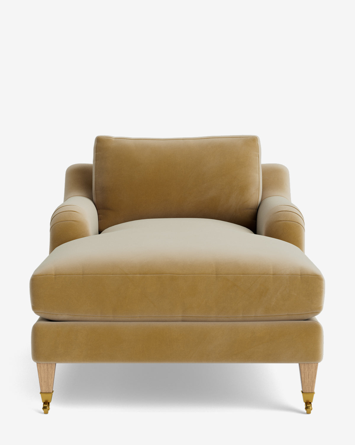 Front view of the Lucille English Roll Arm Chaise Lounge in soft mustard yellow, featuring a down-wrapped cushion, wide seat, cushioned backrest, rounded armrests, and wooden legs with brass front casters, by McGee & Co.