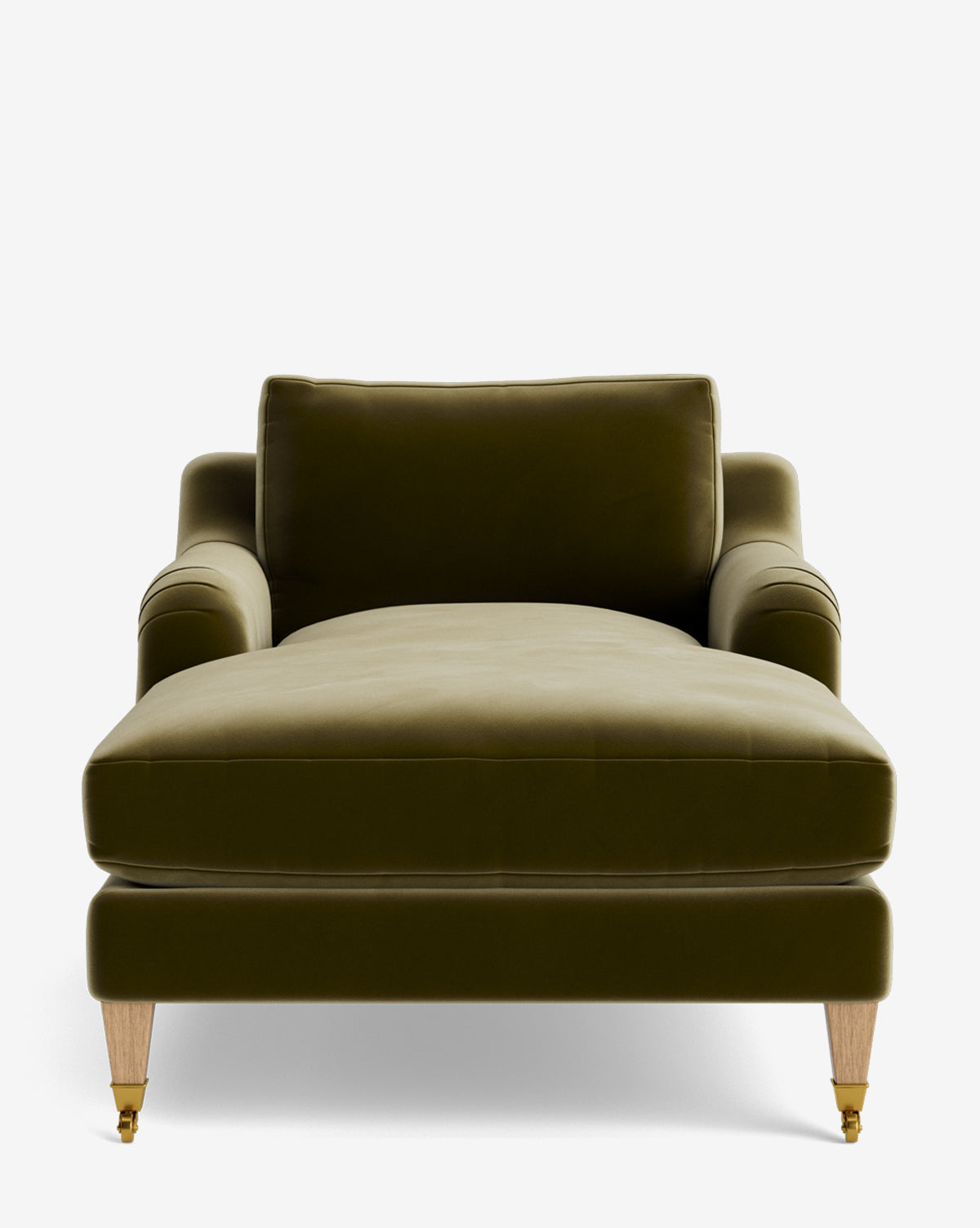 The Lucille English Roll Arm Lounge Chair in olive green velvet features plush down-wrapped cushioning, wooden legs, and brass casters, shown front-facing on a white background—blending classic comfort with modern elegance, by McGee & Co.