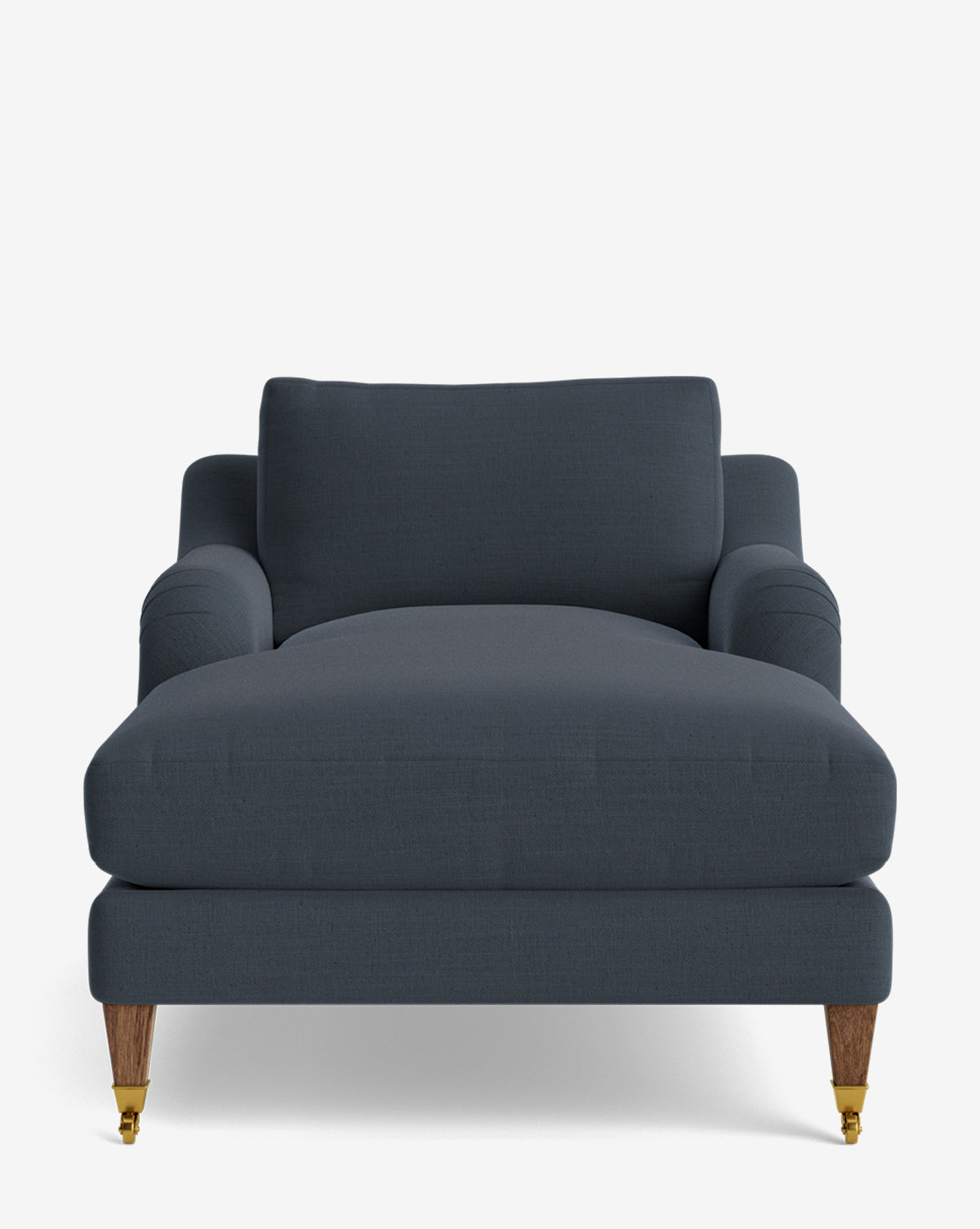 Front view of the Lucille English Roll Arm Lounge Chair in dark gray, featuring wooden legs with two small brass caster wheels and a plush down-wrapped cushion, set against a plain white background, by McGee & Co.