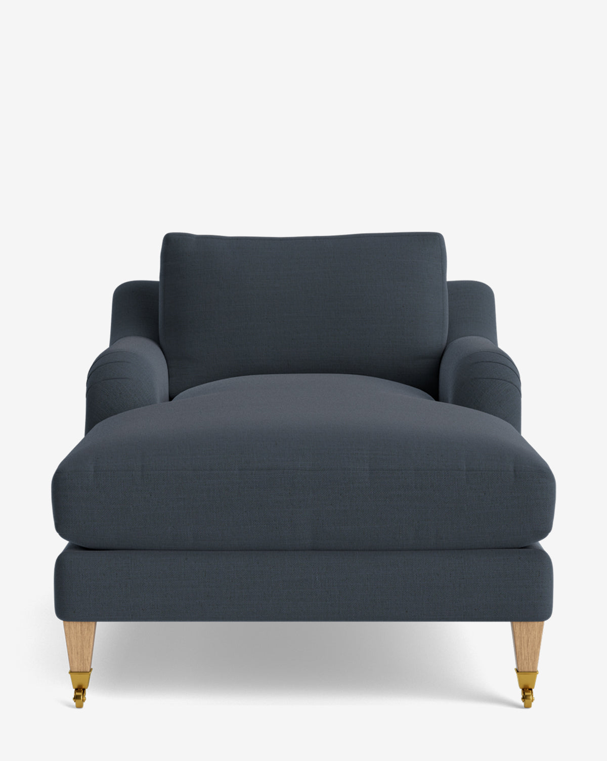A front view of the Lucille English Roll Arm Lounge Chair, modern and dark gray upholstered with wooden legs—brass casters on the front and a down-wrapped cushion—set against a plain white background by McGee & Co.