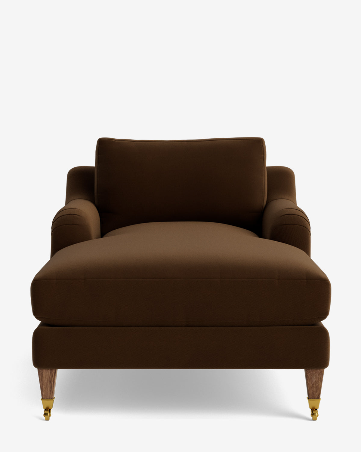 Front view of the Lucille English Roll Arm Chaise Lounge—large, plush, brown, with rolled arms, a down-wrapped cushion, and wooden legs (front two with brass casters)—set against a plain white background by McGee & Co.