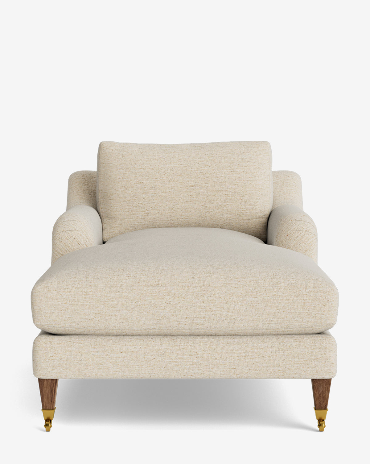 The Lucille English Roll Arm Chaise Lounge, cream-colored and upholstered with wooden legs, brass castors, and a plush down-wrapped cushion, is shown from the front against a plain white background by McGee & Co.