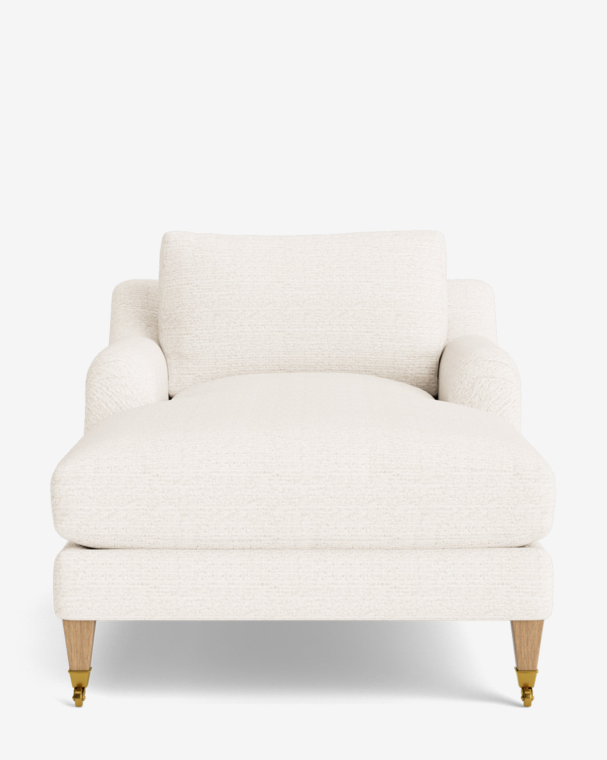 Front view of the Lucille English Roll Arm Chaise Lounge in off-white fabric, featuring a down-wrapped cushion, cushioned backrest, rounded armrests, wooden legs, and brass caster wheels on the front legs, by McGee & Co.