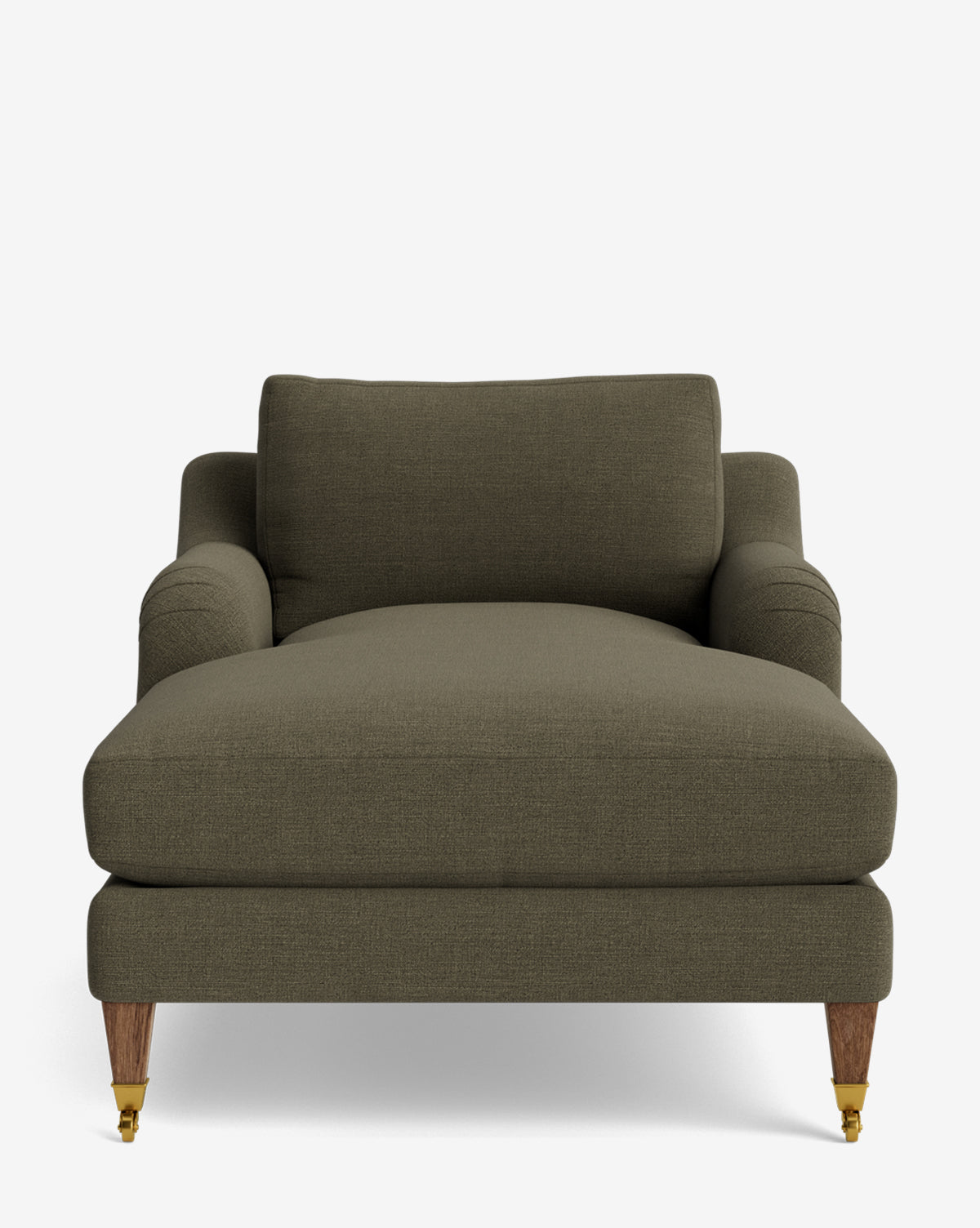 The Lucille English Roll Arm Lounge Chair features a wide, olive-green design with low, rounded arms, a thick down-wrapped cushion, wooden legs with brass caster wheels, and is customizable, by McGee & Co. Shown against a plain white background.