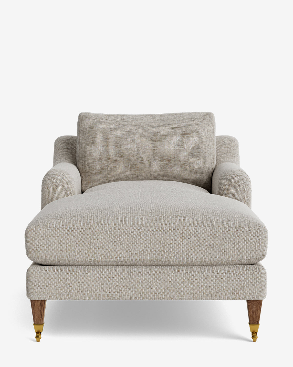 Front view of the Lucille English Roll Arm Lounge Chair in light beige upholstery, featuring wide armrests, plush down-wrapped cushion, wooden legs, and front brass casters inspired by classic English design, by McGee & Co.