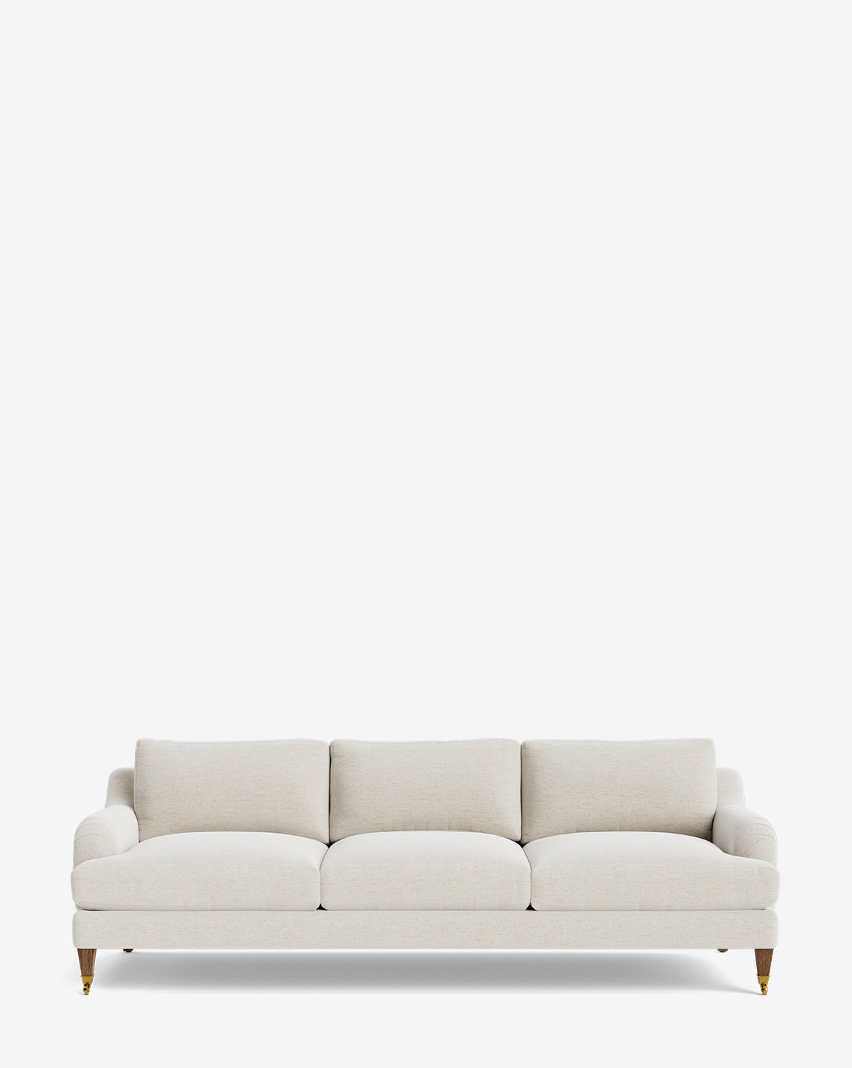 The Lucille English Roll Arm Sofa 90.5 is a modern three-seater with light beige fabric, down-wrapped cushions, wooden legs, and front brass casters—shown against a white background for a customizable look by McGee & Co.