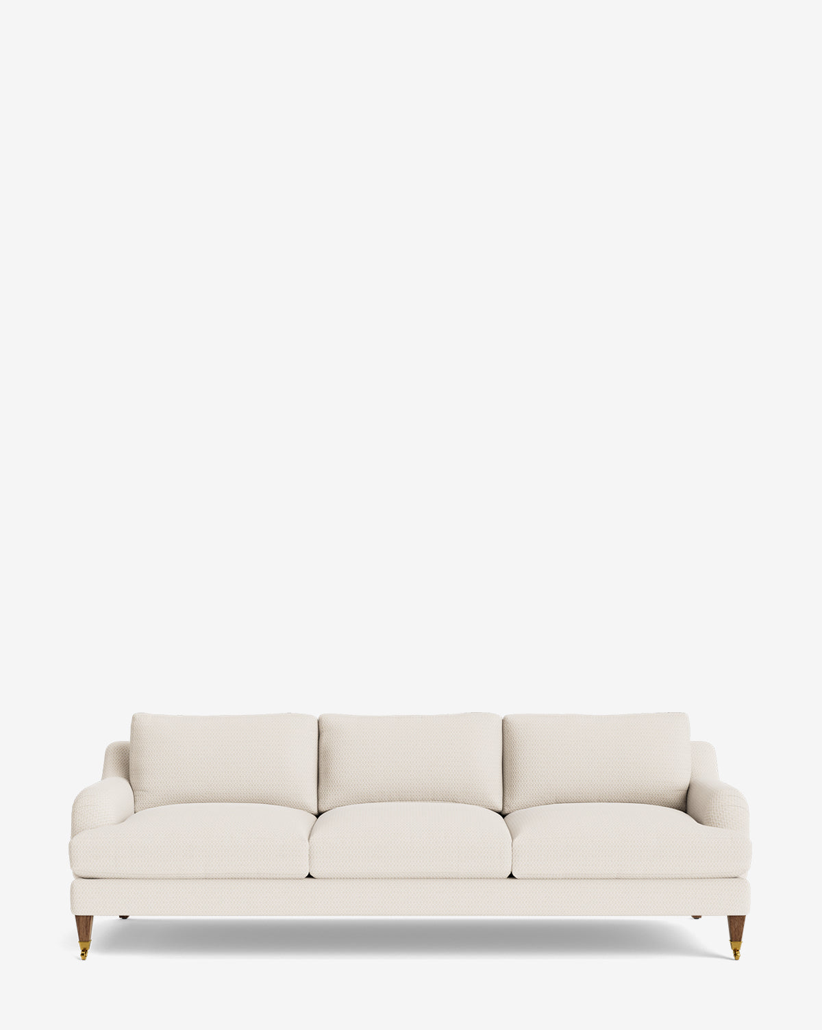 The Lucille English Roll Arm Sofa 90.5 is a modern, customizable piece in off-white upholstery, featuring three down-wrapped cushions and wooden legs with brass-colored casters on a white background by McGee & Co.